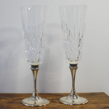 Load image into Gallery viewer, Pair of Cut Glass and Silver Champagne Flutes

