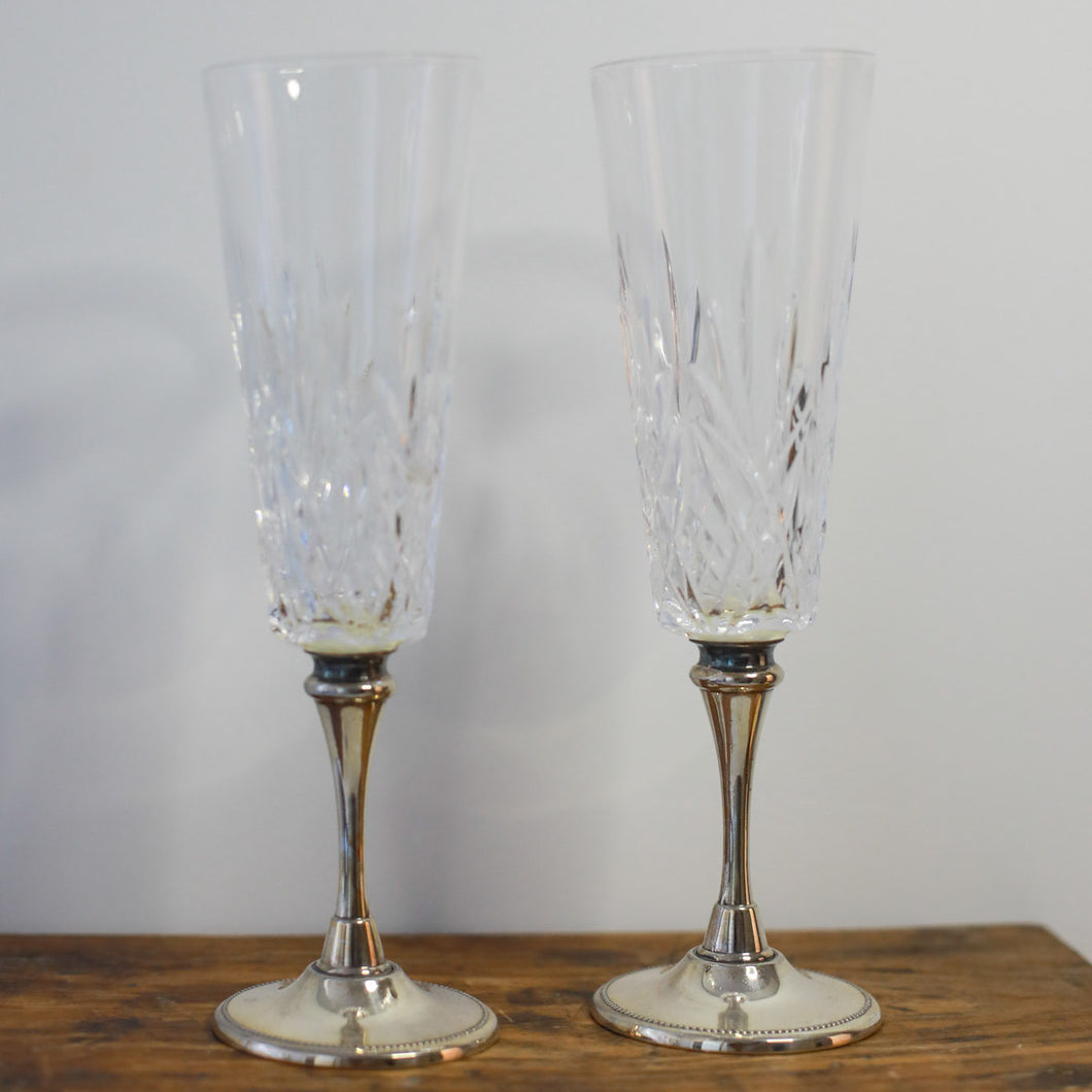 Pair of Cut Glass and Silver Champagne Flutes