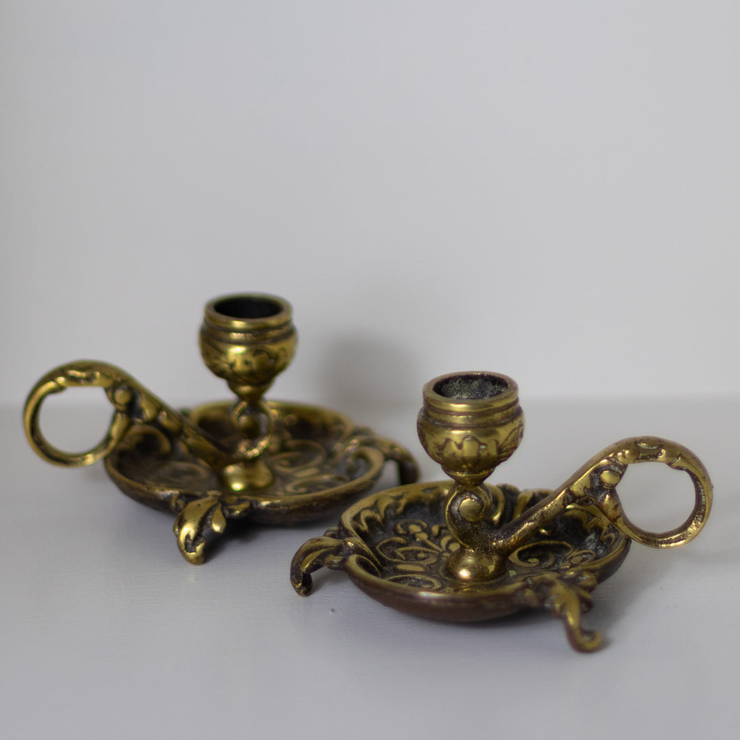 Antique Pair of Cast Brass Candle Holders